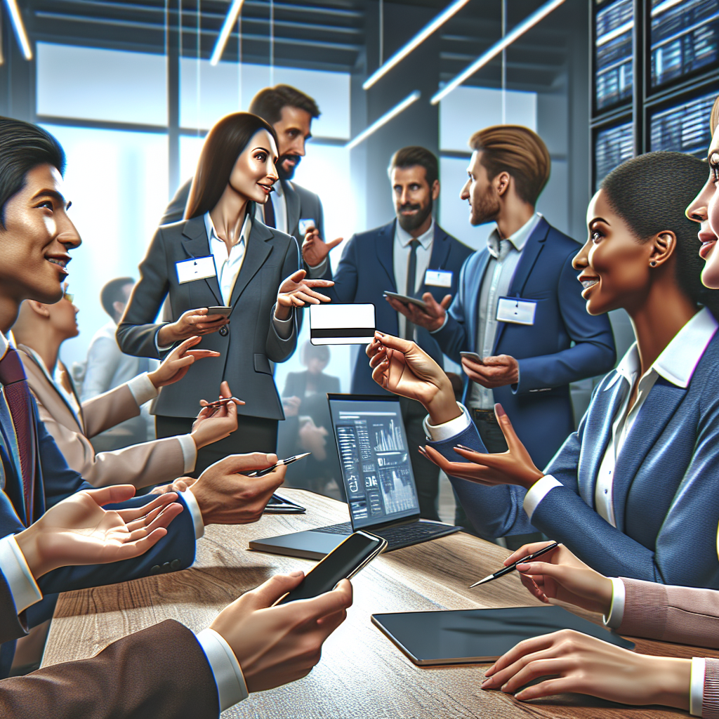 Imaginea unui grup de profesionisti discutand despre afaceri in birou si schimbandu-se carduri de vizita electronice, toate persoanele avand aspect european.