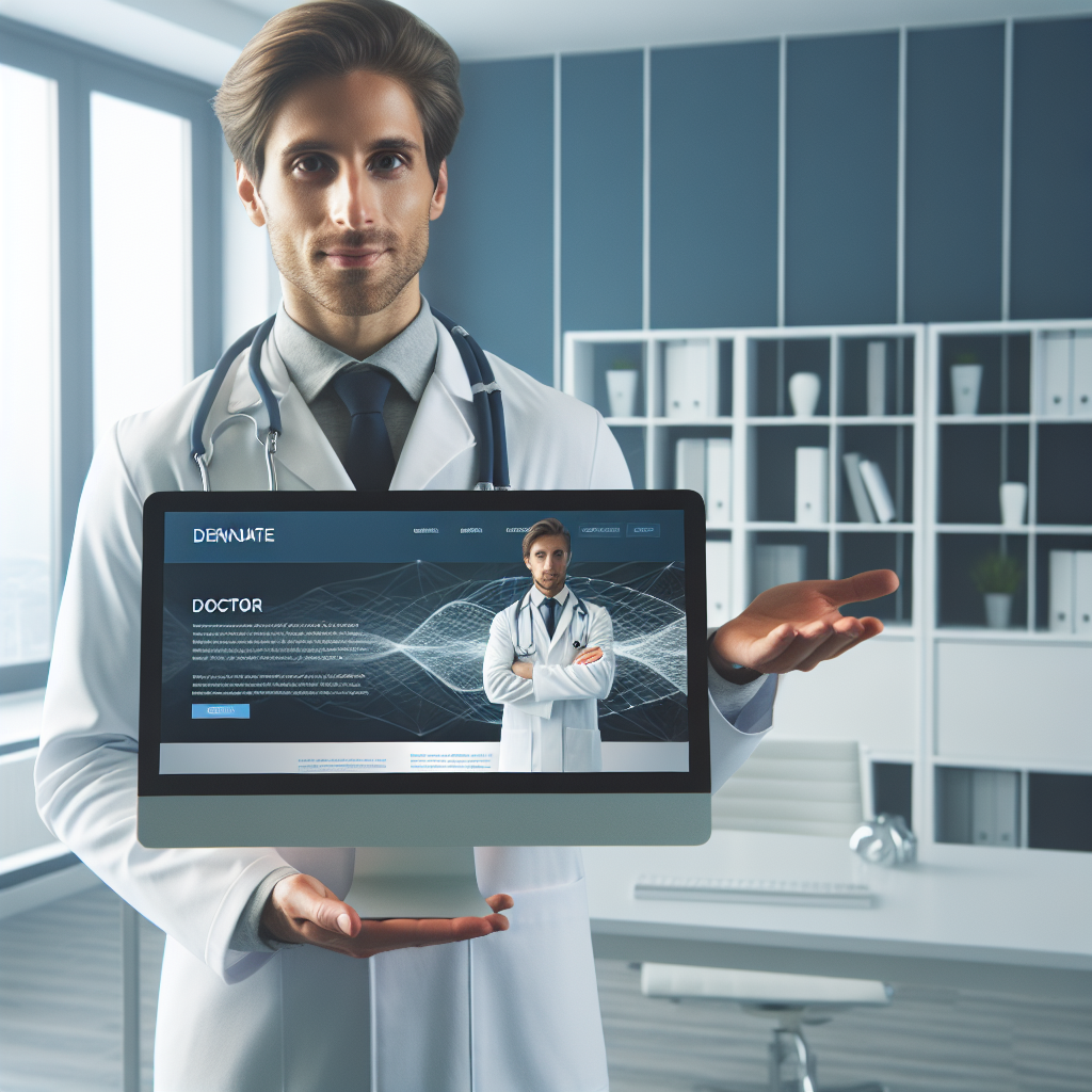 Imaginea unui doctor in fata computerului, cu site-ul personal afisat, care arata vizitka sa. Toate persoanele au un aspect european.