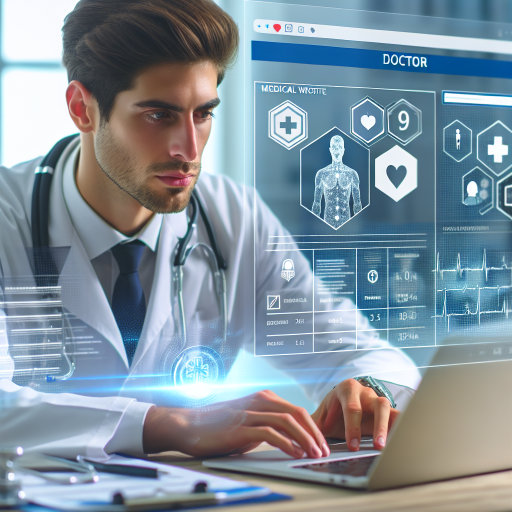 Imaginea unui doctor care se uita la ecranul site-ului sau medical, unde este afisata vizitka si inregistrarile pacientilor. Toate persoanele au un aspect european.