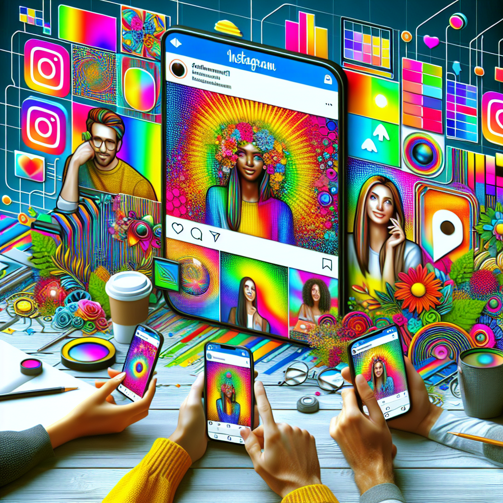 Imaginea unei pagini de profil Instagram cu culori vibrante si elemente vizuale atractive, care arata ca o fotografie reala, cu oameni europeni folosindu-si smartphone-urile.