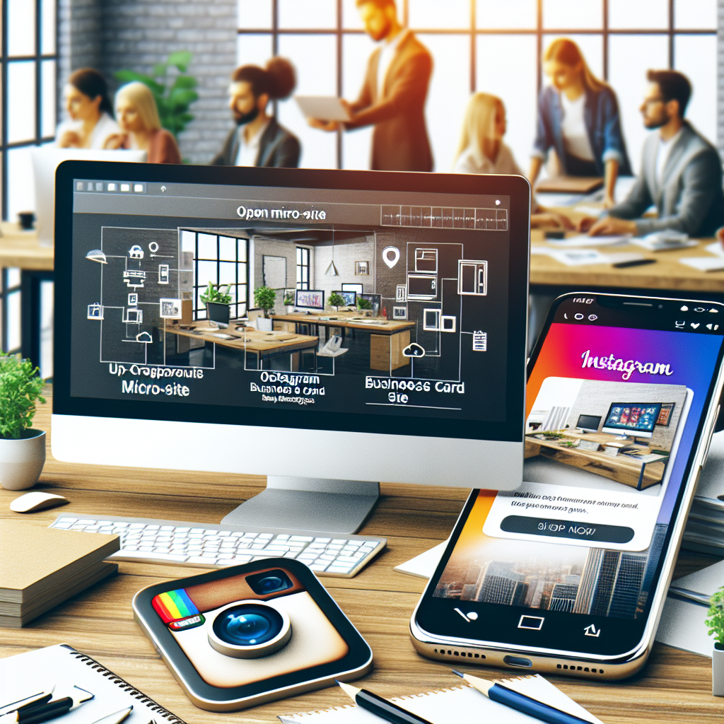 Imaginea unui computer si a unui telefon cu un micro-site si un site de vizitka pentru Instagram deschise, intr-un birou de design, avand aspectul unei fotografii reale cu oameni europeni.