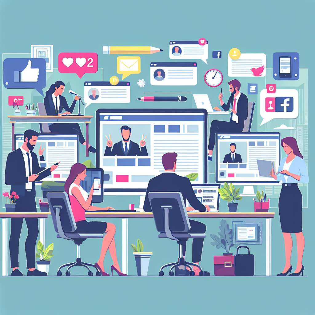 Imagine cu oameni europeni care lucreaza la computere si discuta despre continutul din retelele sociale, intr-un mediu de birou.