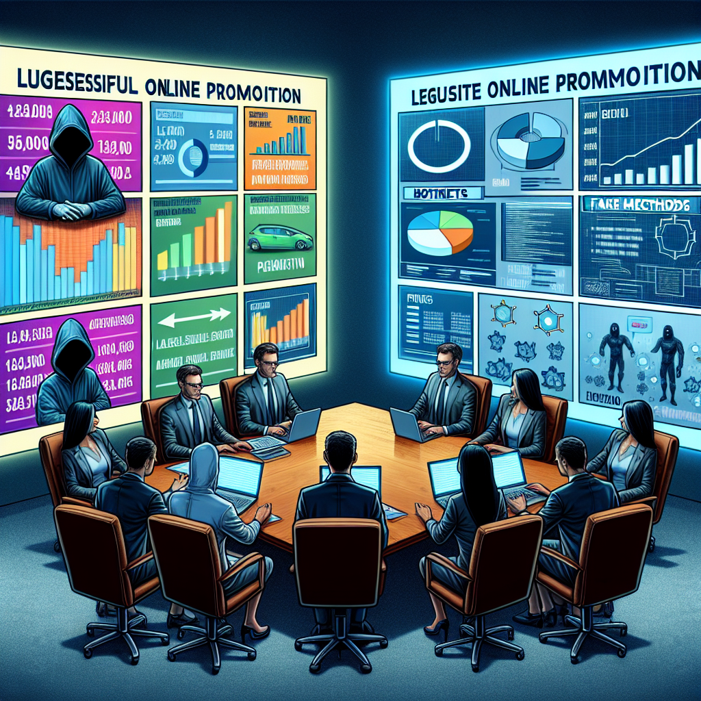 Imaginea care demonstreaza contrastul dintre promovarea online de succes si utilizarea metodelor gri, cu tipuri europene de persoane, analizand datele pe ecranele computerelor si discutand strategii.