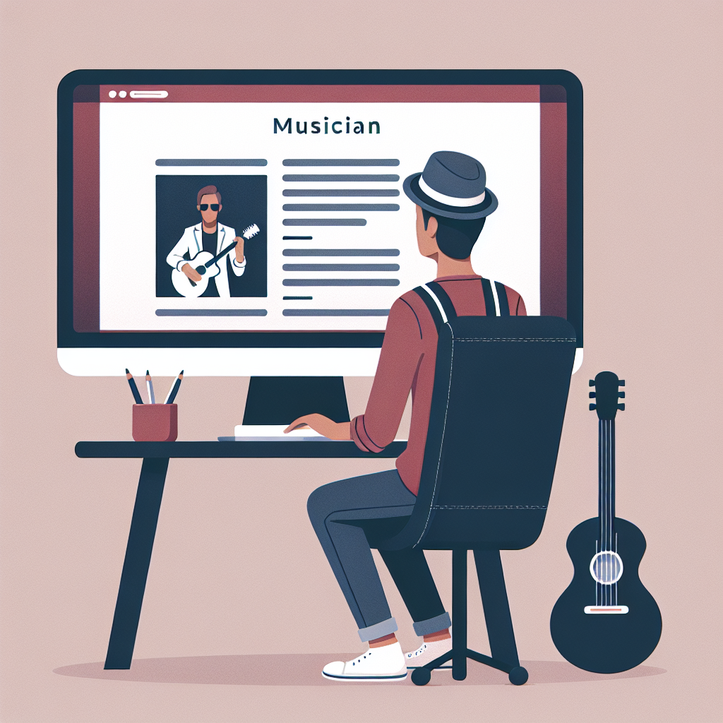 Imaginea arata un muzician lucrand la computerul sau, creand un site pentru el. Pe ecranul lui este deschis un <a href=