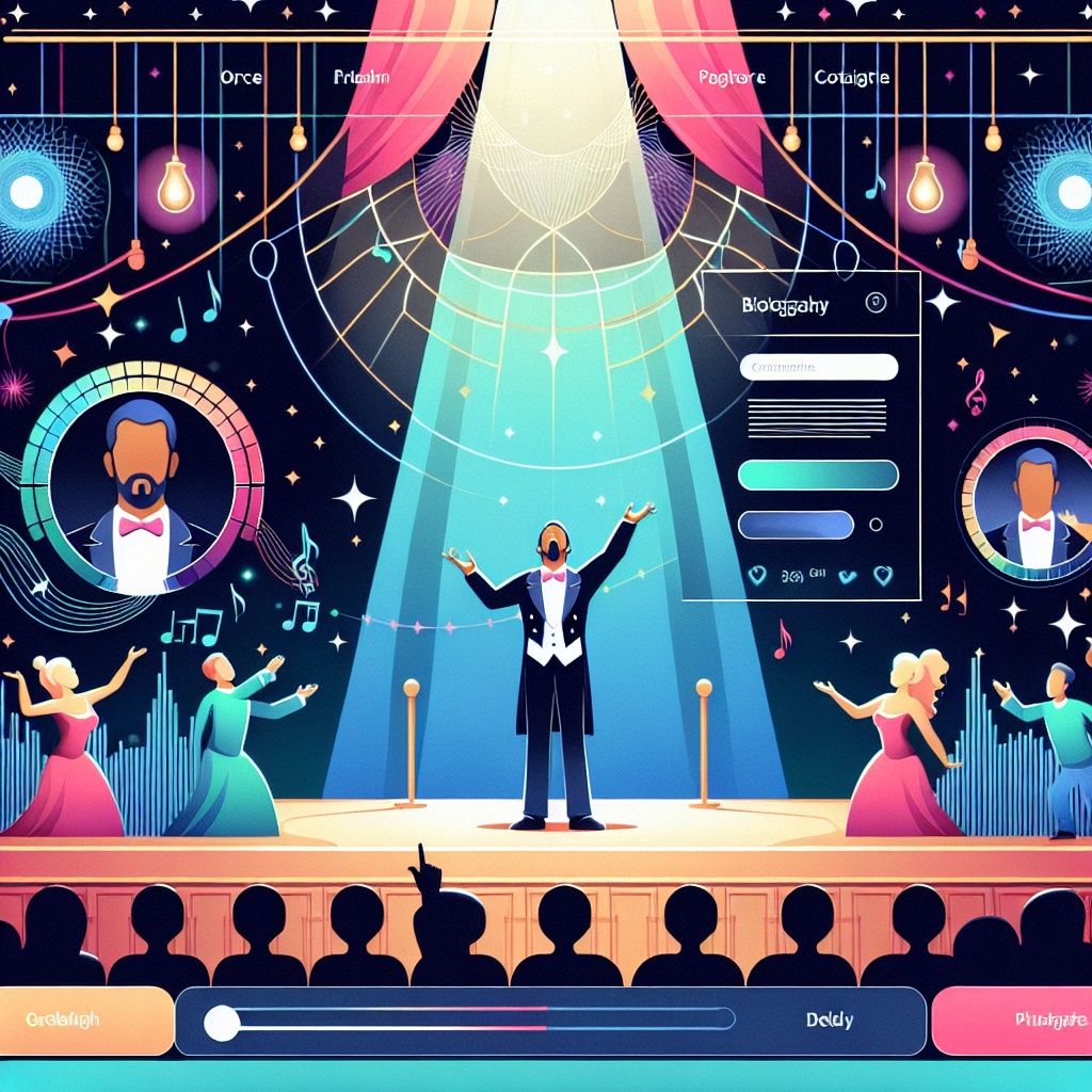 Imaginea prezinta un cantaret de opera performand pe scena cu iluminare colorata si spectatori in sala. In jurul sau se afla elemente de design ale site-ului sau vizitka, cum ar fi biografia si fotografii. Toate persoanele din imagine sunt de tip european.