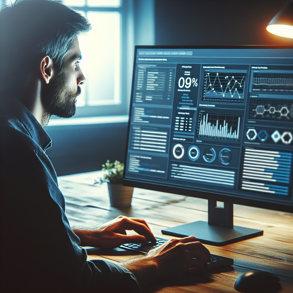 Imagine cu un specialist IT care verifica un site web pe computer, avand rapoarte si analize pe ecran. Toti oamenii au trasaturi europene.