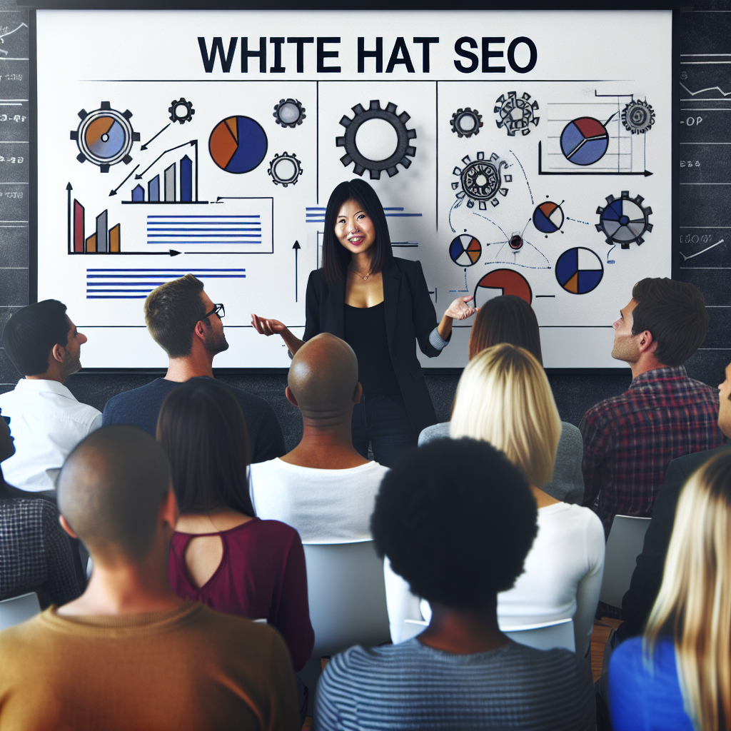 Imagine cu un specialist prietenos în SEO care explică unui grup de oameni conceptul de SEO alb, folosind diagrame și grafice pe un ecran.