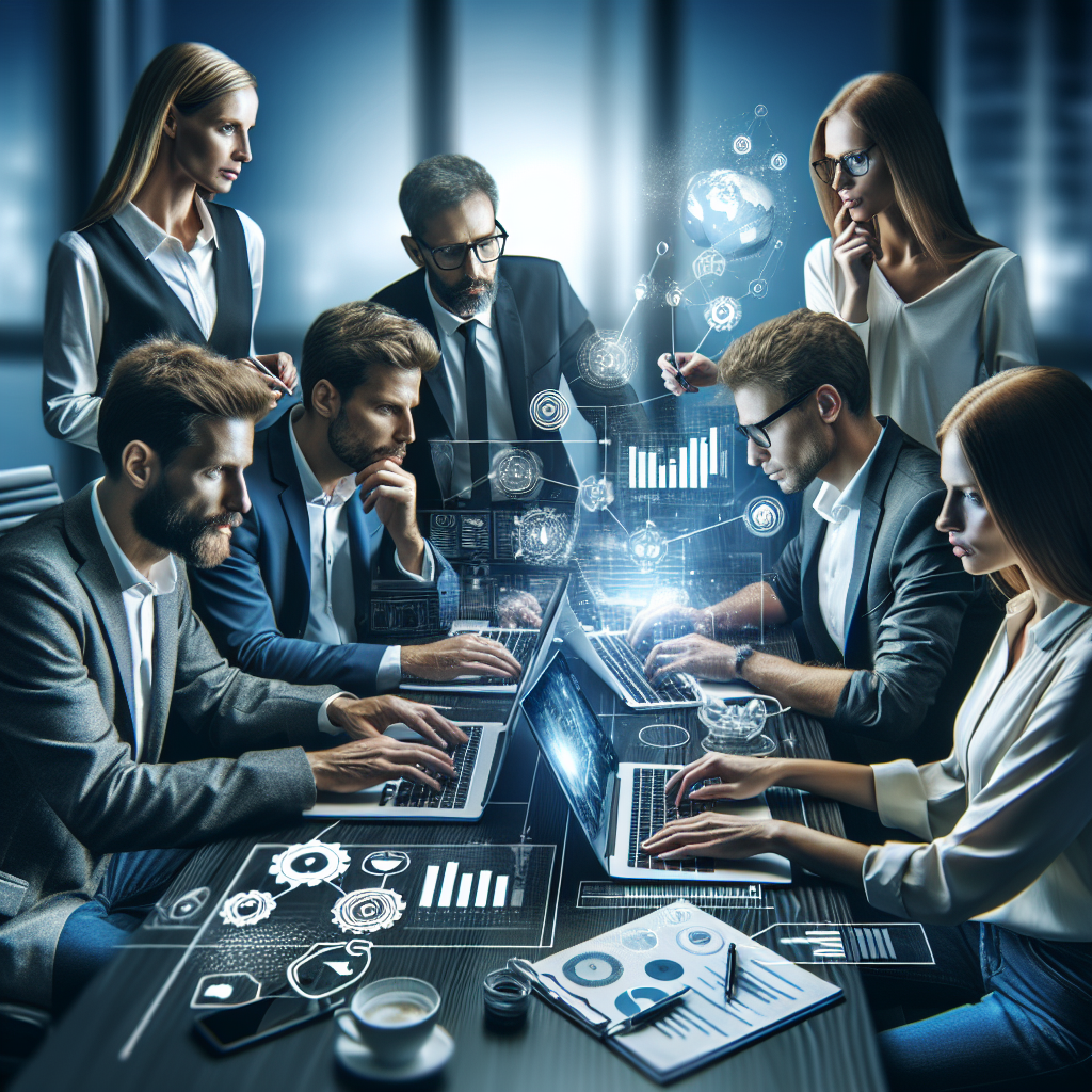 Imagini cu o echipa de profesionisti care colaboreaza la promovarea unui business, discutand diverse canale si instrumente intr-un birou modern si tehnologic. Toti oamenii au aspect european.