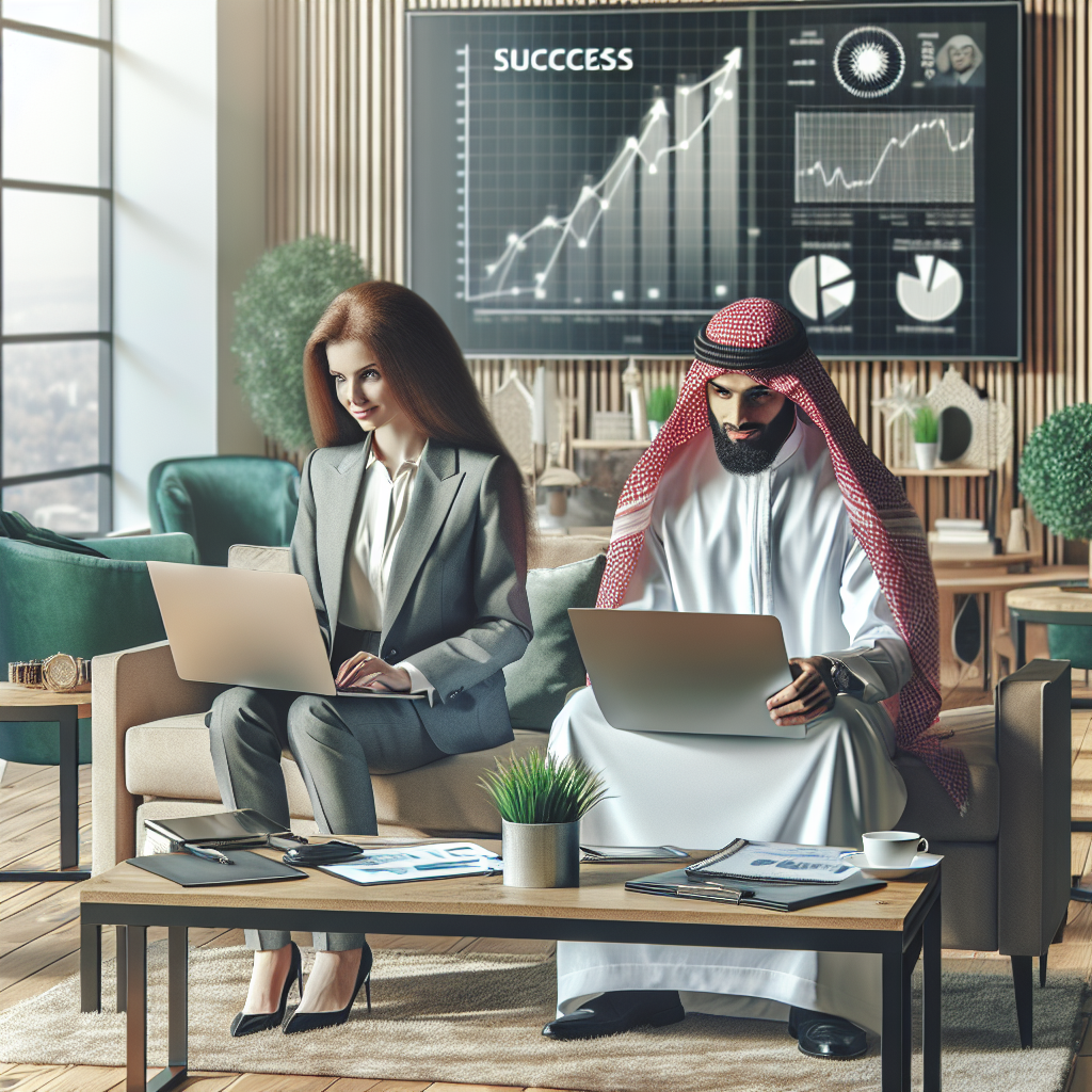 Imaginea unui businessman si a unei business-lady care lucreaza la laptopuri intr-un birou confortabil, cu un interior modern: plante verzi, mobilier elegant si un ecran mare pe perete cu grafice de succes.