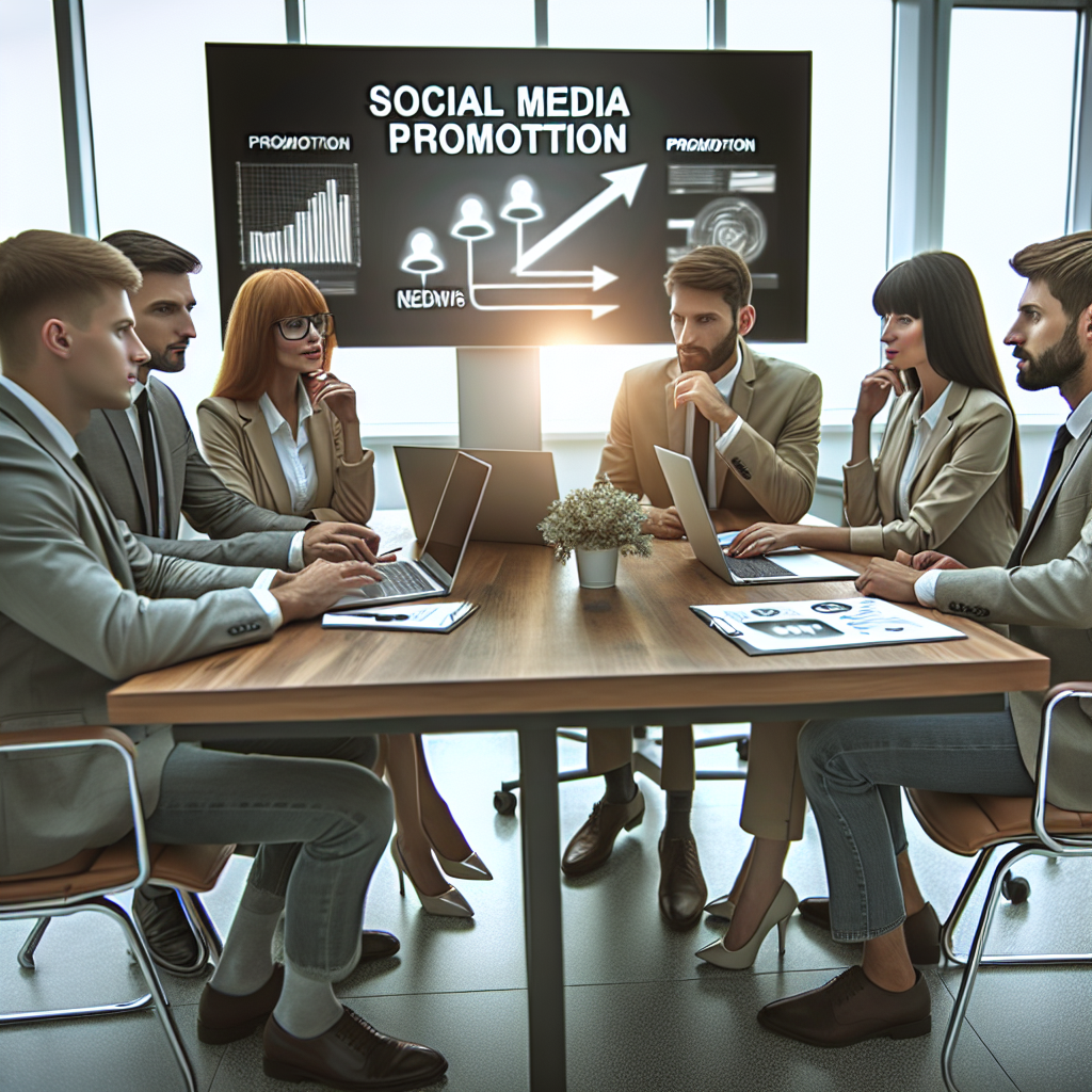 Imaginea unui grup de profesionisti la un birou, discutand strategia de promovare pe retelele sociale, cu aspecte europene si <a href=