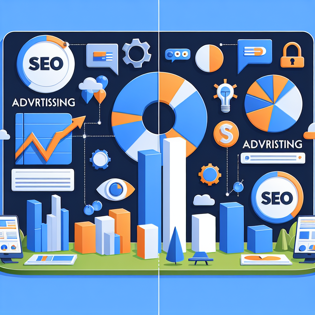 Imagine care compara publicitatea si SEO, cu grafice si iconite care arata diferentele dintre approach-urile si rezultatele metodelor in marketingul online.