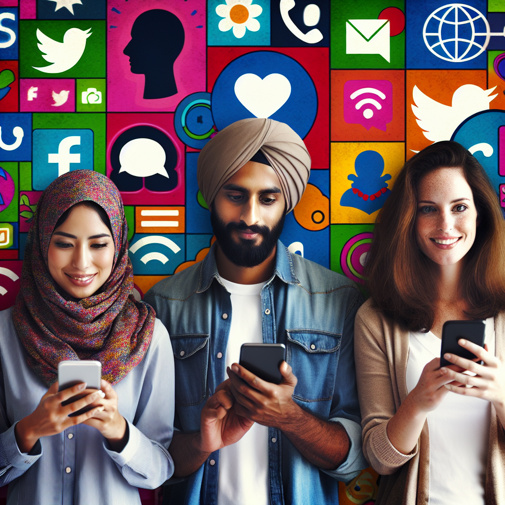 Imagine cu oameni de tip european care interactioneaza cu dispozitive mobile, avand in fundal platforme social media luminoase si colorate, reprezentand tema marketingului in retelele sociale.