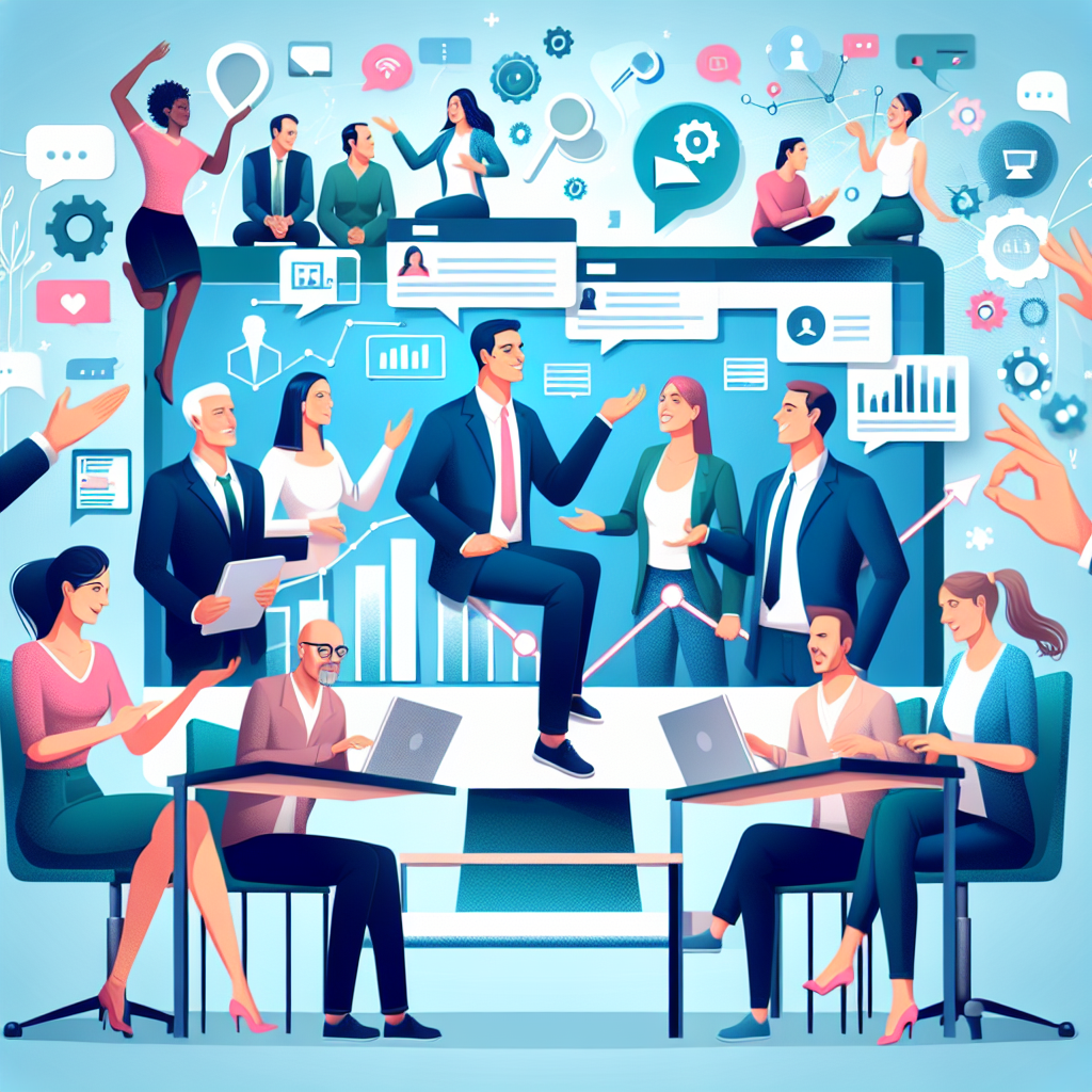 Imaginea unui business de succes in retelele sociale, cu discutii active pe ecranul computerului si oameni care interactioneaza unii cu altii. Toti oamenii au trasaturi europene.