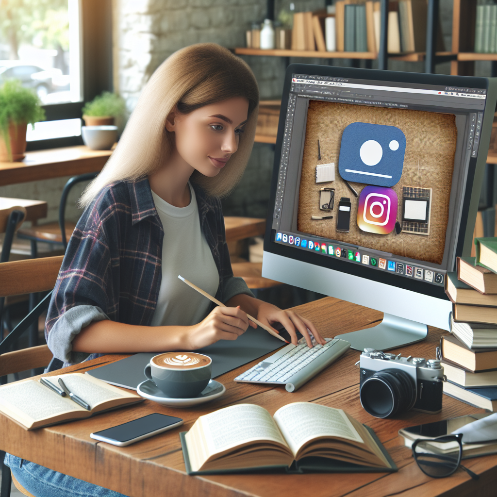 O imagine cu o tanara femeie de tip european care lucreaza la computer la designul unui banner pentru Instagram intr-o cafenea, in jurul ei fiind carti deschise si dispozitive. Imaginea trebuie sa arate ca o fotografie reala.