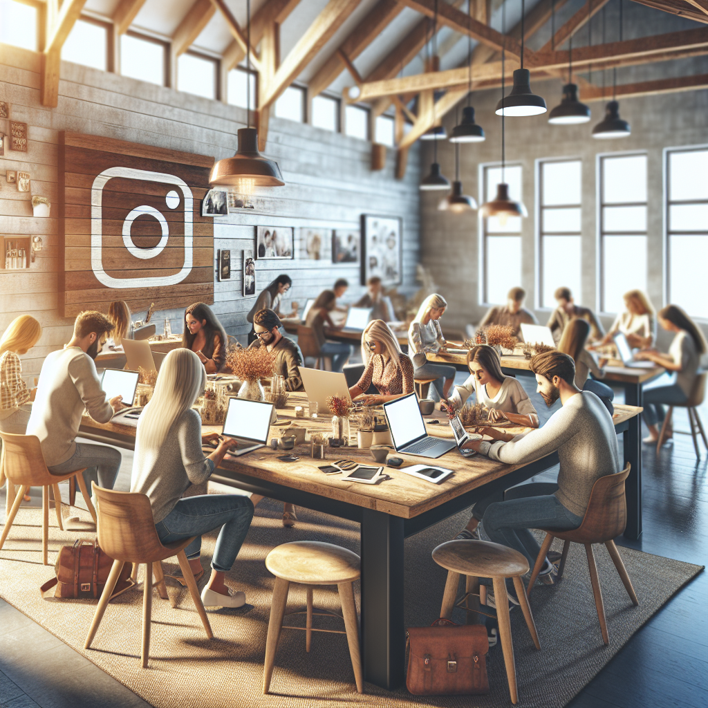 O imagine care arata un grup de oameni de origine europeana, lucrand asupra continutului pentru Instagram intr-un birou confortabil. Imaginea trebuie sa aiba aspect de fotografie.