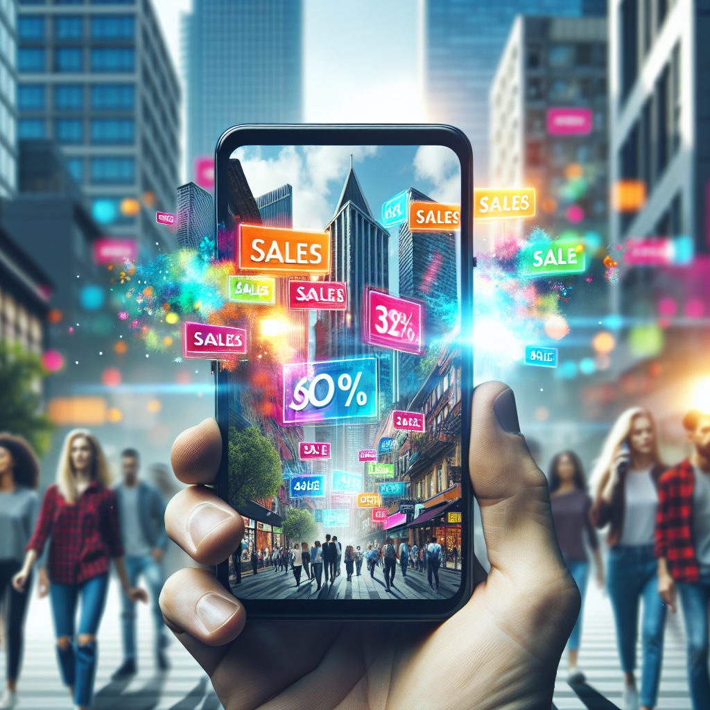 Imagine cu un telefon mobil afisat alaturi de bannere colorate ce promoveaza reduceri si reclame, inconjurat de oameni cu trasaturi europene, pe fundalul unui oras vibrant, care sugereaza o viata urbana dinamica.