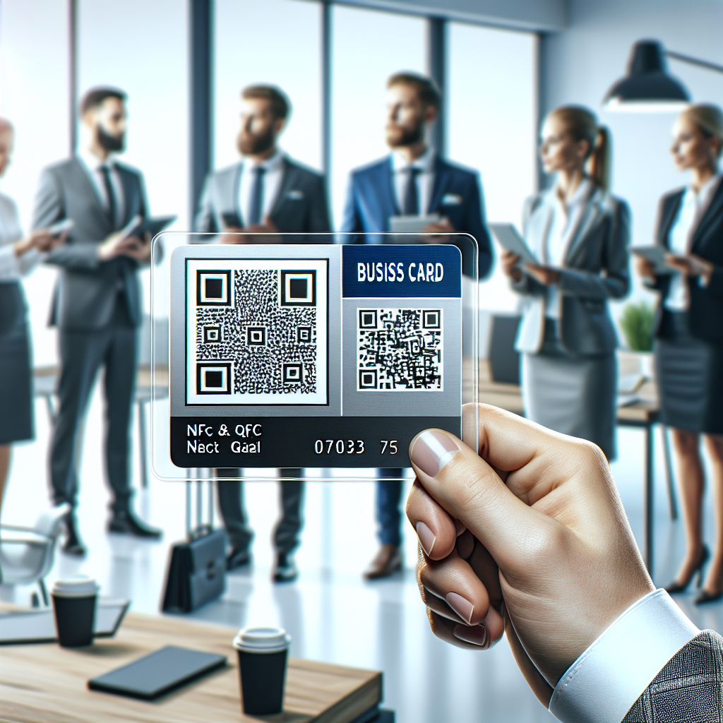 Generati o imagine cu o carte de vizita cu NFC si cod QR pe un fundal de birou, astfel incat sa arate ca o fotografie reala. Toti oamenii din imagine trebuie sa fie de tip european.