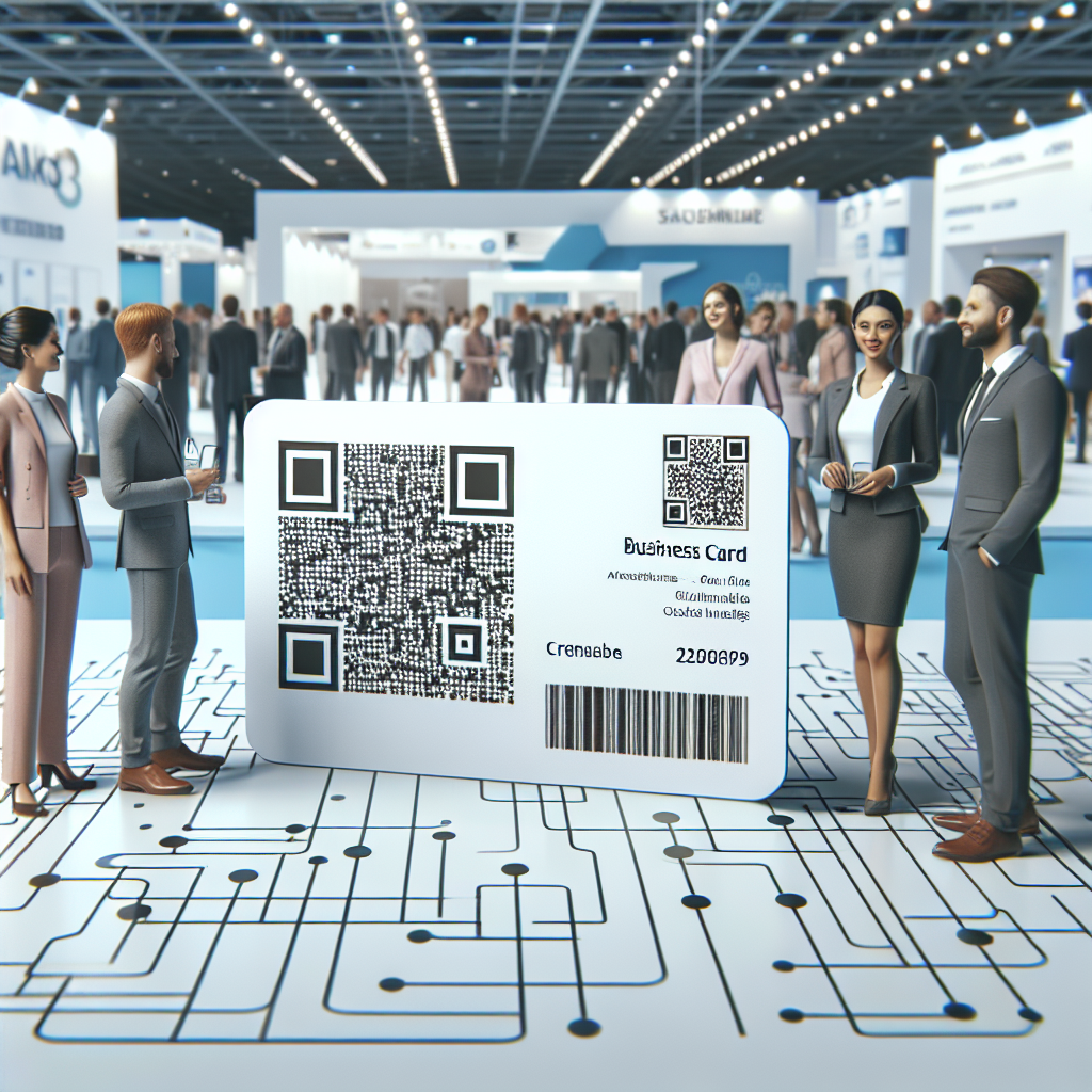 Creati o imagine a unei carti de vizita elegante cu cod QR si NFC pe un fundal de stand de expozitie, aceasta trebuie sa arate ca o fotografie reala. Toti oamenii din imagine trebuie sa fie de tip european.