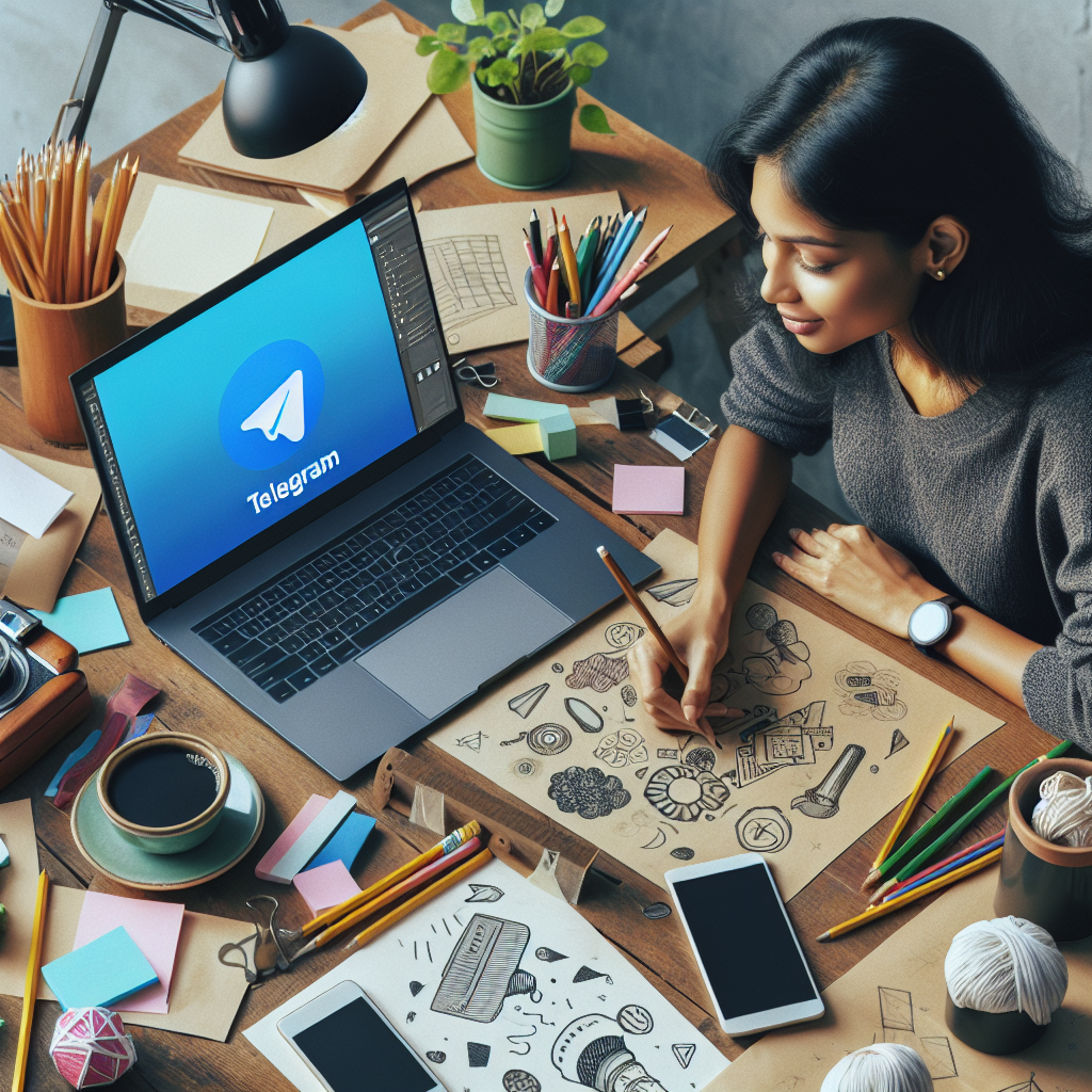 Imagine cu un loc de munca al unui designer, care lucreaza la un banner pentru Telegram. Toti oamenii din fotografie au un aspect european.