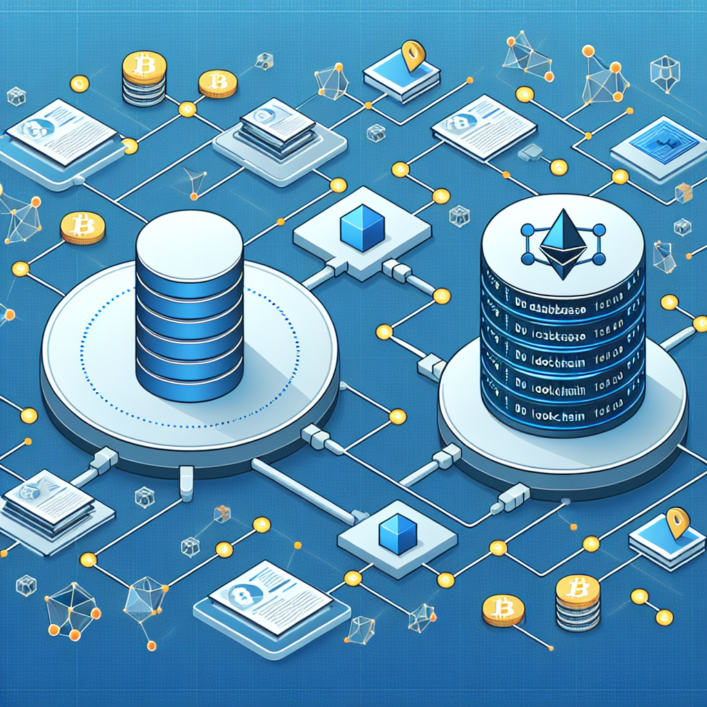 Infografie care arata contrastul intre o baza de date obisnuita si blockchain. Baza de date este prezentata ca un punct central cu acces limitat, iar blockchain-ul ca o retea de noduri cu acces deschis, subliniind avantajele fiecaruia. Vizuizarea este vibranta si usor de inteles.