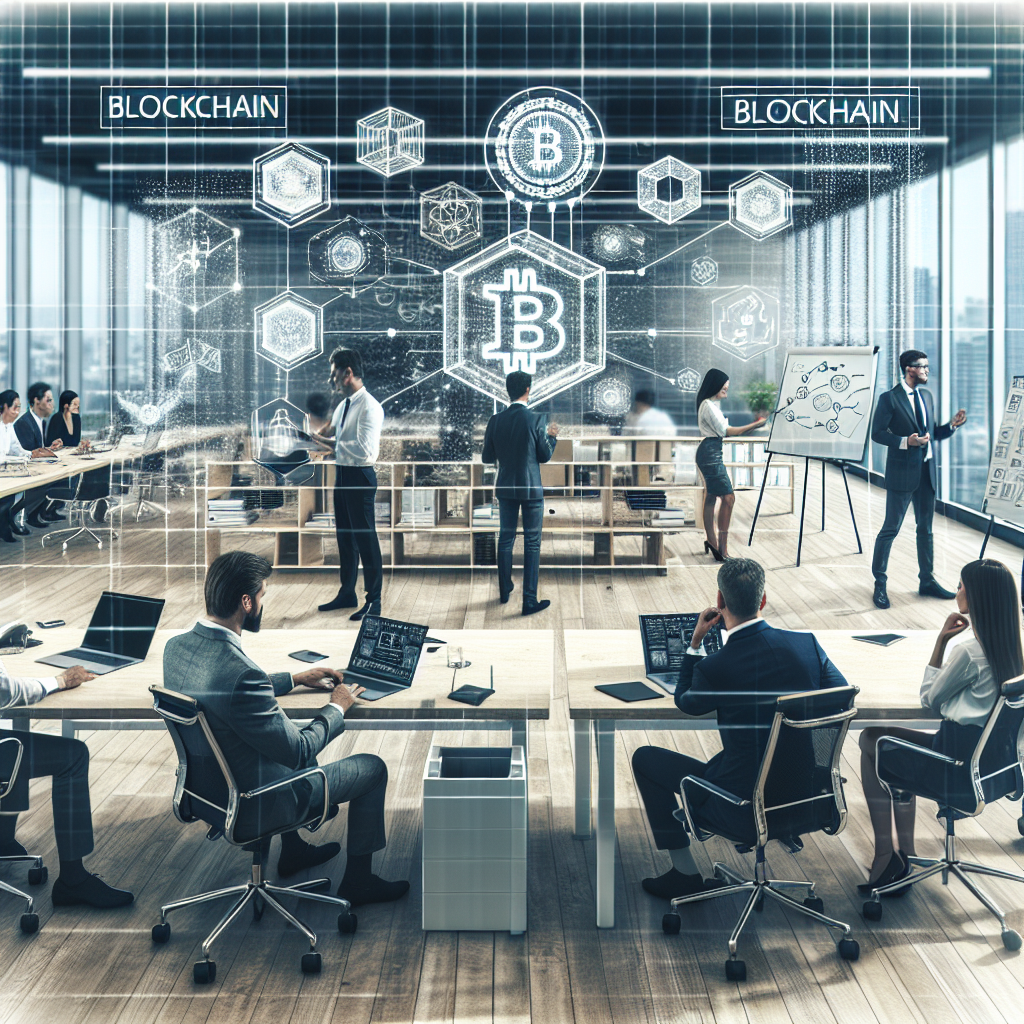 Imagine care ilustreaza discutii legate de un proiect de blockchain intr-un birou modern cu specialisti europeni.