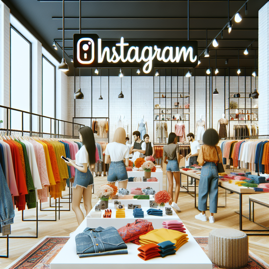 Imaginea unui magazin Instagram vibrant si atragator, prezentand continutul frumos al produselor si interactiunea cu clientii. Trebuie sa arate ca o fotografie a unui magazin real, cu elemente de design pe tema modei.