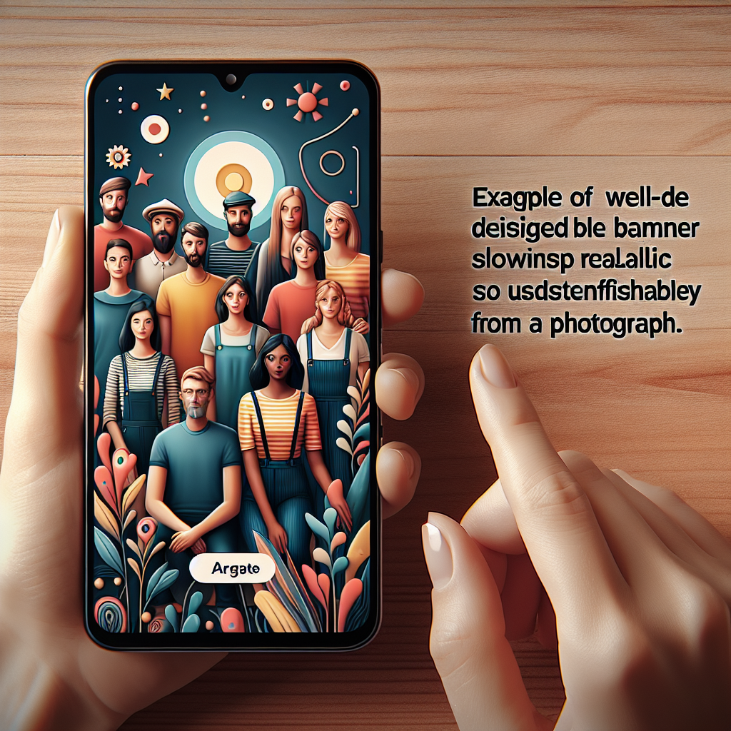 Imagine care ilustreaza un banner bine conceput pentru varianta mobila, afisat pe ecranul unui smartphone, astfel incat sa nu poata fi deosebit de o fotografie. Toate persoanele din imagine sunt de tip european.