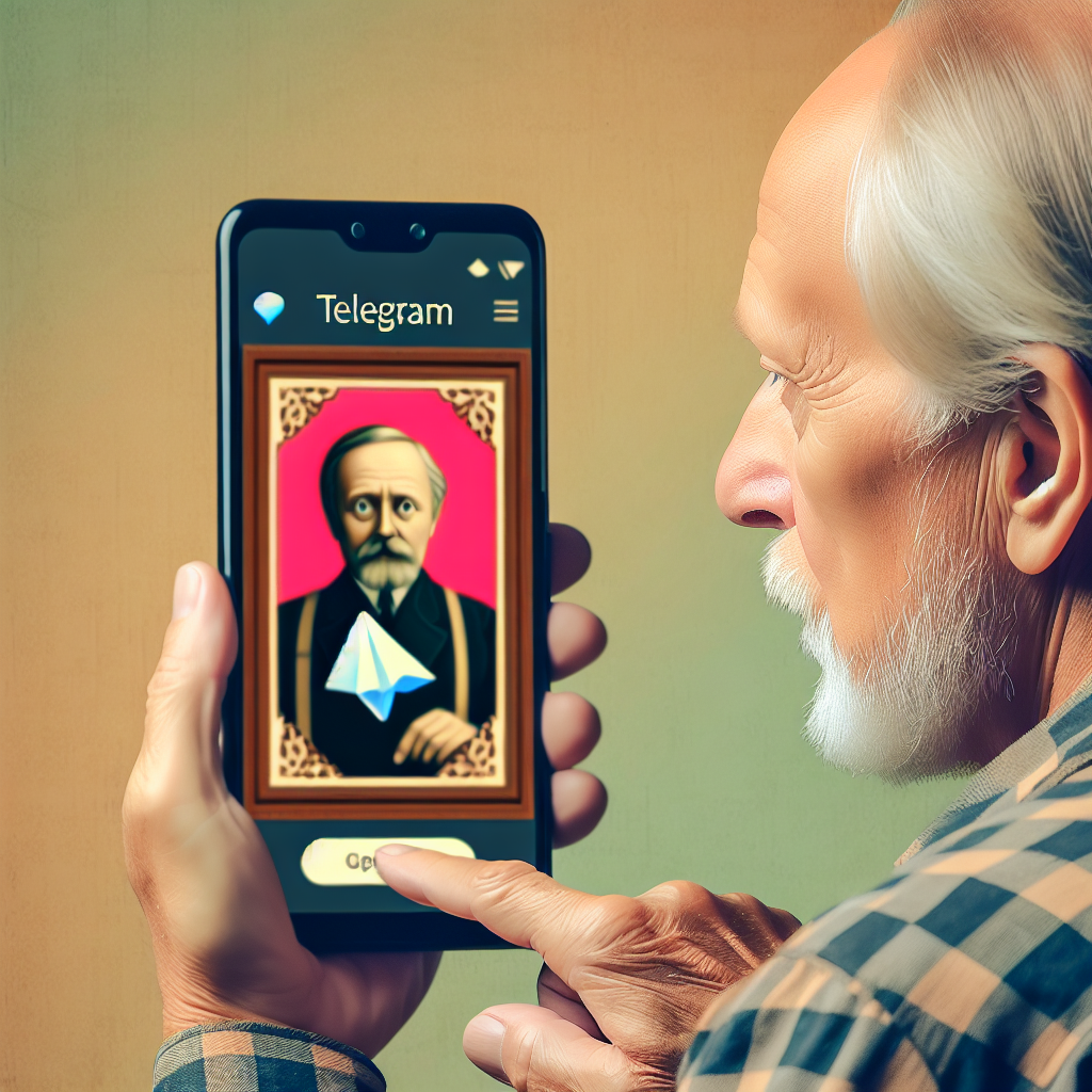 Imagine cu un smartphone care afiseaza o reclama in Telegram, cu un utilizator de varsta medie de tip european care navigheaza pe aplicatie, avand un banner luminos pe ecran.