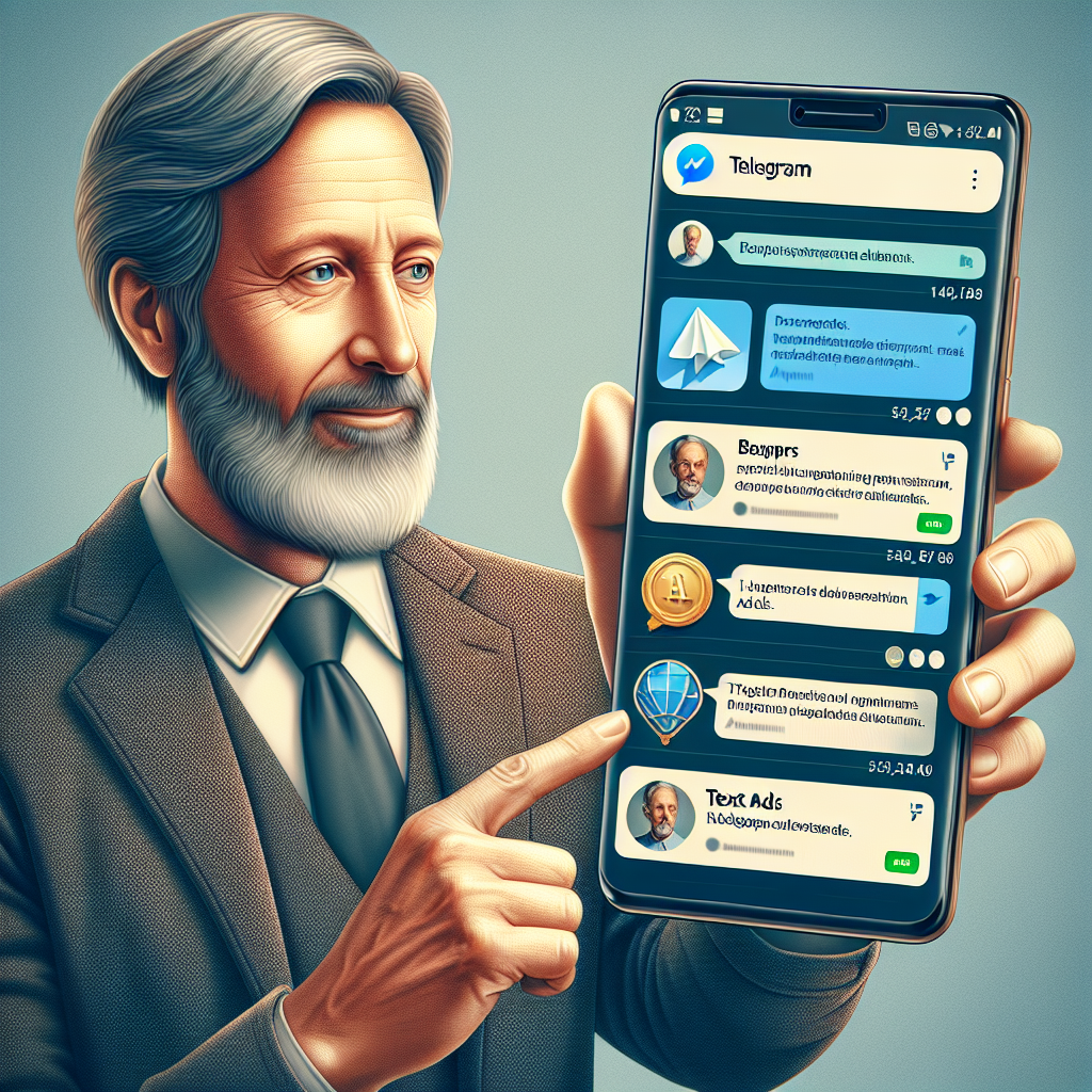 Imagine cu un smartphone care prezinta exemple de bannere publicitare in Telegram, unde sunt diferite formate de reclame, cum <a href=