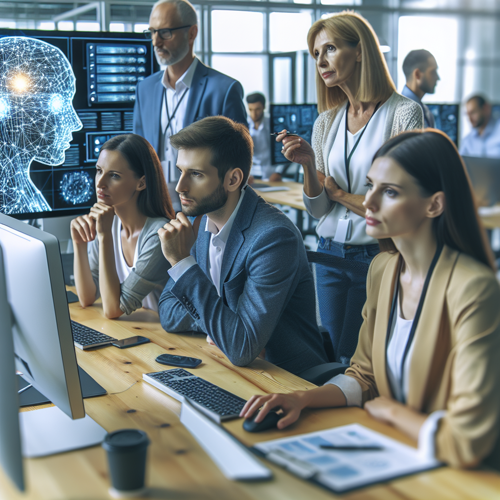 Oamenii care lucreaza in birou, folosind computere si discutand despre implementarea tehnologiilor de inteligenta artificiala in procesele de afaceri, cu un aspect european.