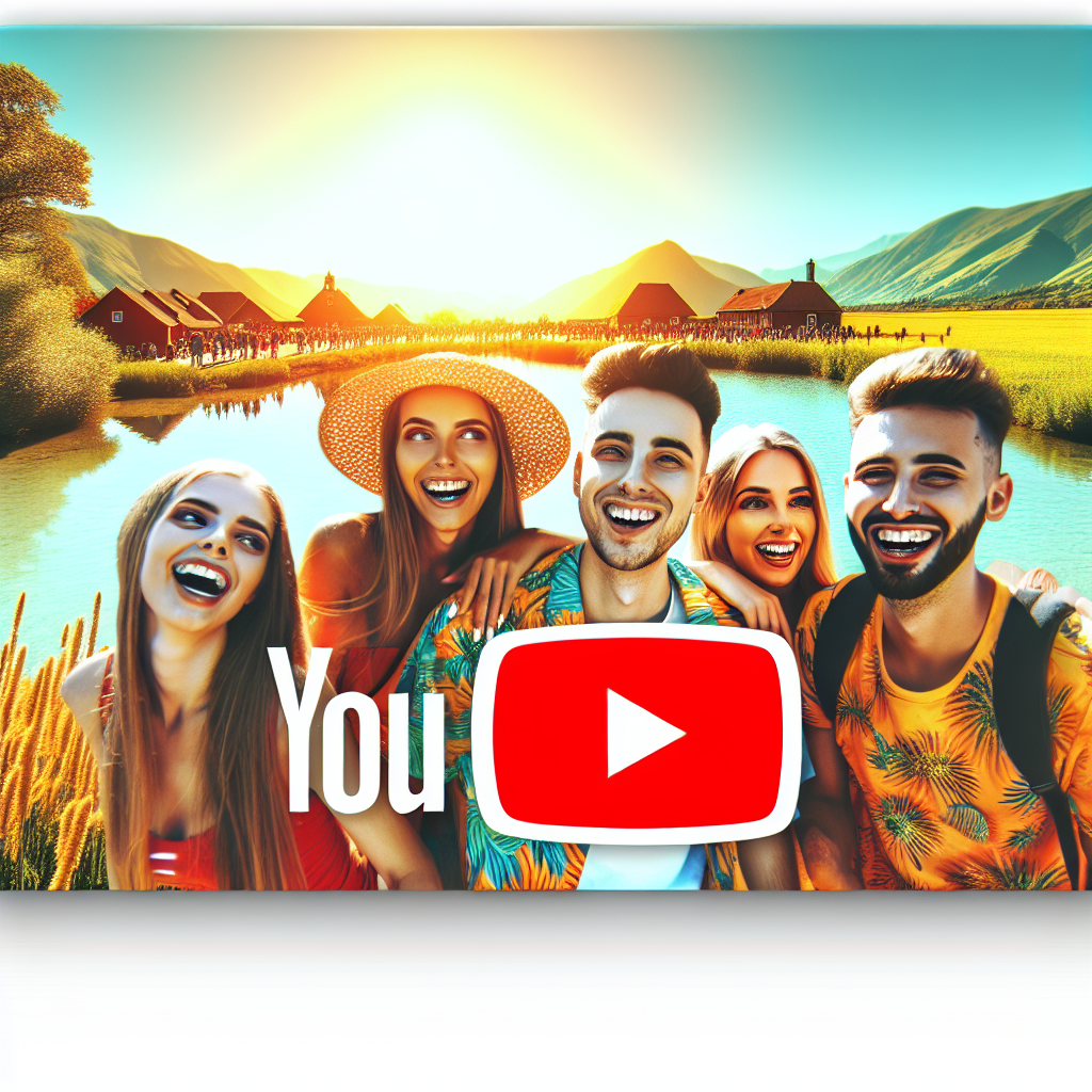 Design pentru o coperta YouTube pe fundal de peisaj de vara, culori stralucitoare, cu logo-ul canalului, europeni zambind in centrul imaginii.