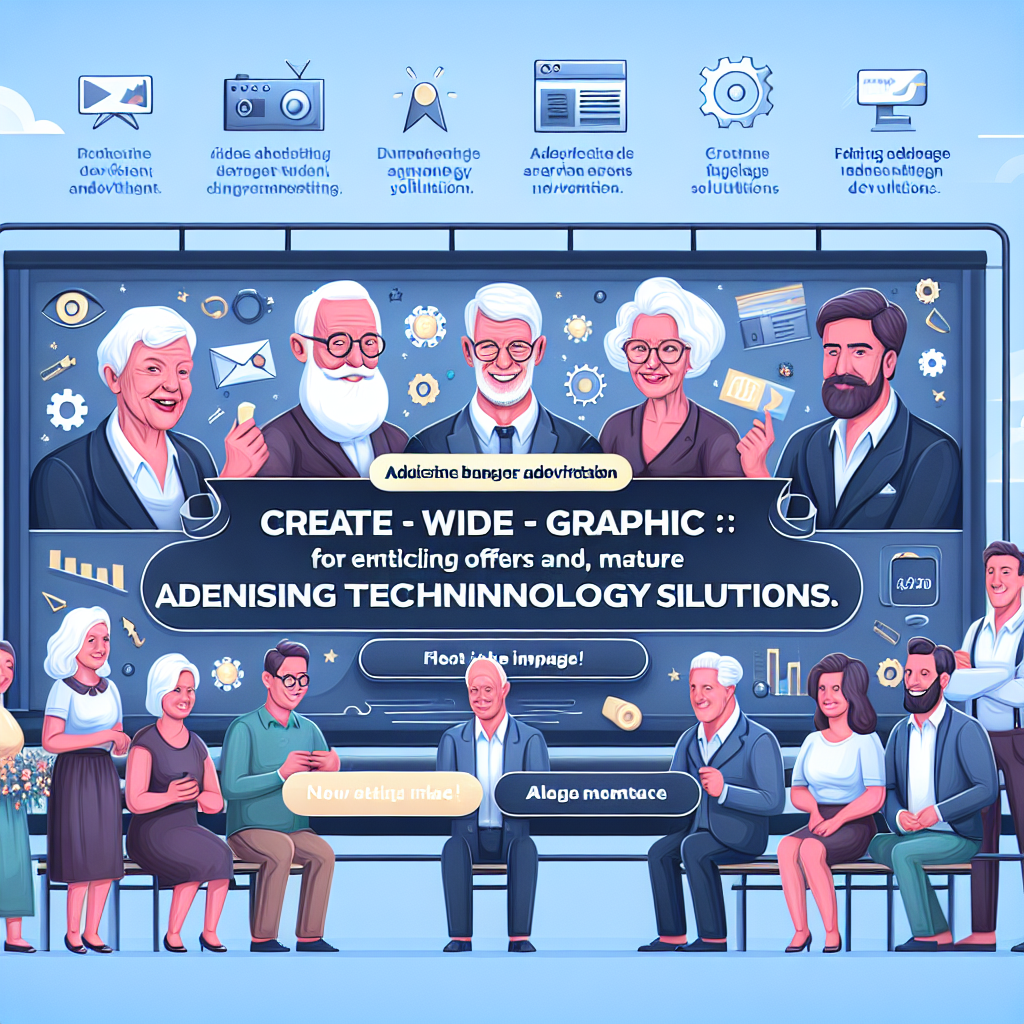 Imagine care arata o grafica ampla a unei bannere publicitare, cu oferte atractive si tehnologii mature de solutii publicitare. Toate persoanele din imagine arata ca europeni.