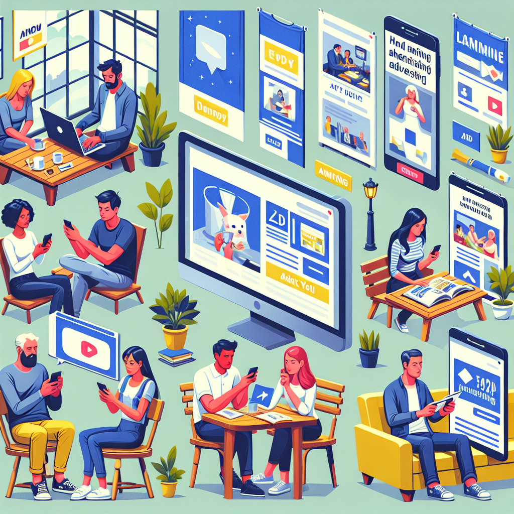 Imagine care ilustreaza diverse forme de publicitate banner pe ecranele dispozitivelor mobile si computerelor, cu oameni care interactioneaza cu acestea. Toate persoanele din imagine arata ca europeni.