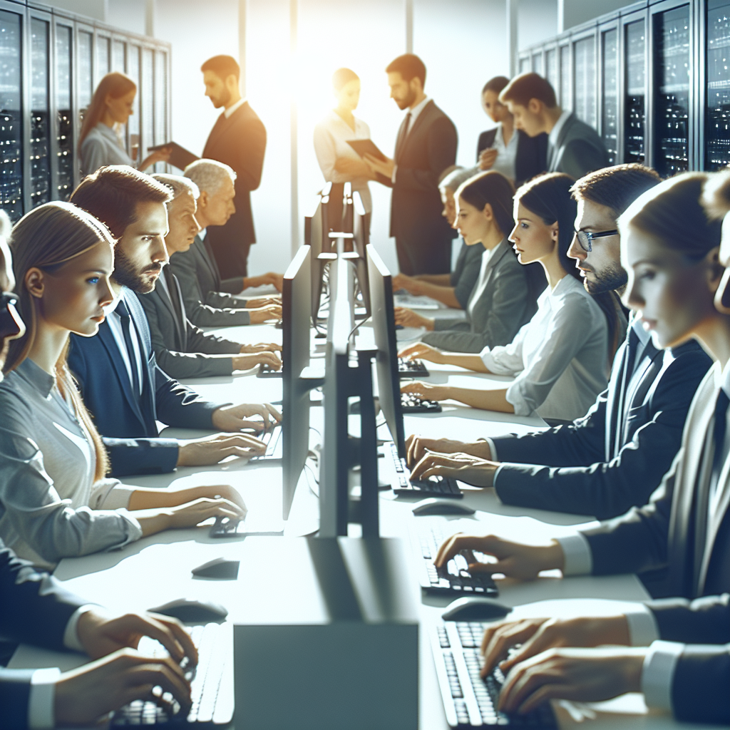 Команда IT-специалистов за работой в современном офисе с ярким освещением и высокими технологиями, все сотрудники европеоиды, атмосфера профессионализма.