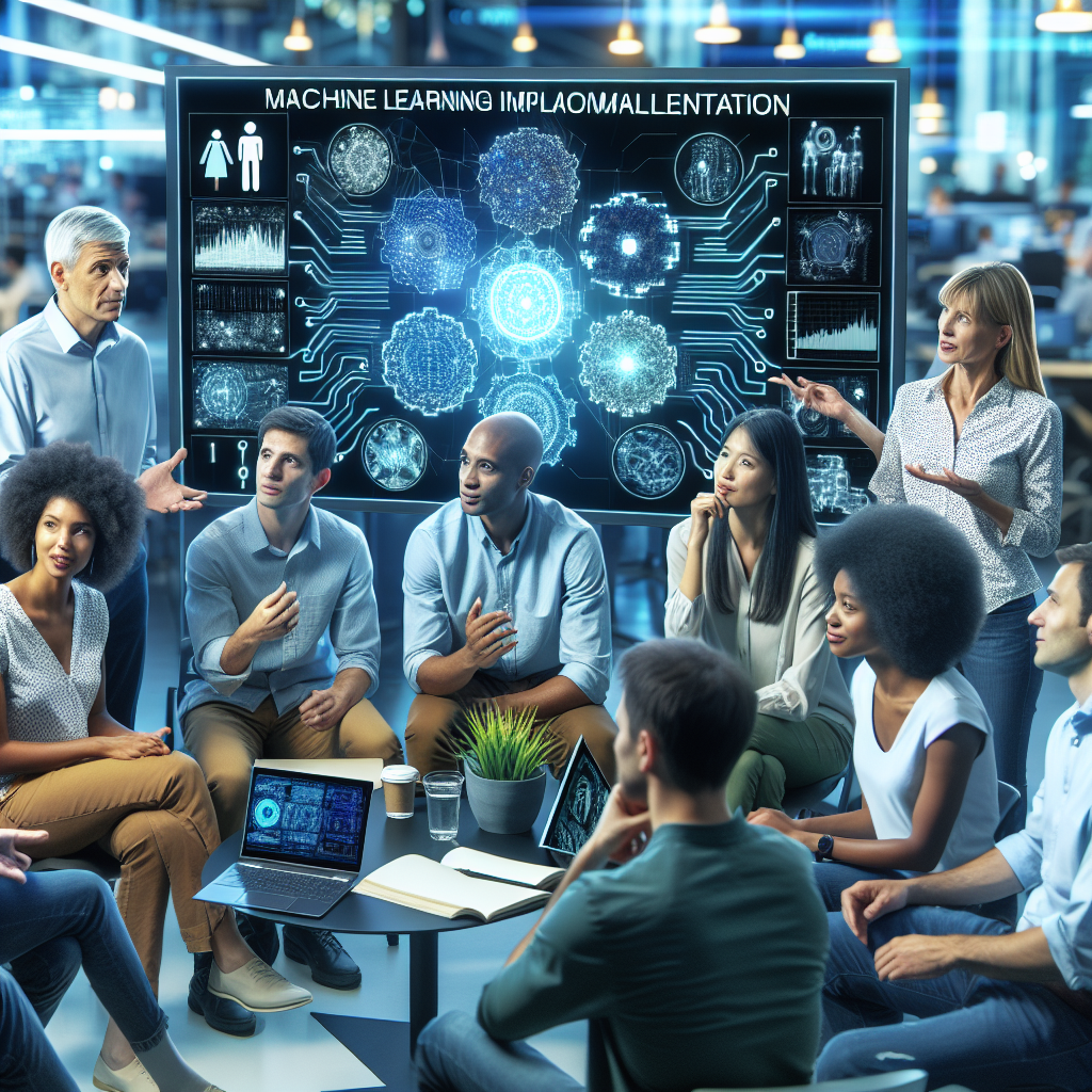 Imaginea surprinde o piata moderna in care startup-uri discuta despre implementarea machine learning alaturi de specialisti europeni, subliniind necesitatea inovatiilor.