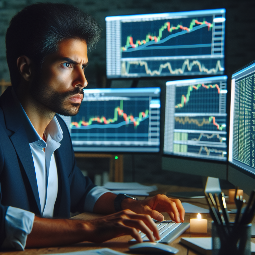 Imaginea unui trader de succes, lucrand la un computer cu mai multe ecrane, pe care sunt afisate grafice de <a href=