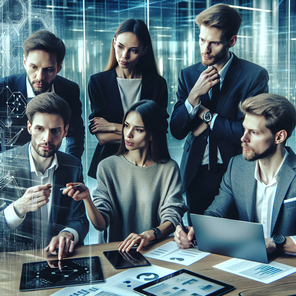 Grup de oameni de afaceri europeni lucrand la un proiect blockchain, discutand strategii in fata unui ecran mare cu grafice si scheme, intr-un birou modern.