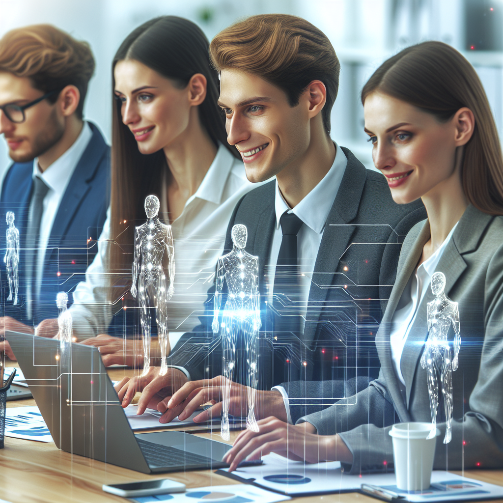 Imaginea prezinta un birou modern unde angajati cu aspect european utilizeaza inteligenta artificiala pentru a-si optimiza activitatile de lucru. Toti profesionistii din imagine arata concentrati si implicati in activitate.