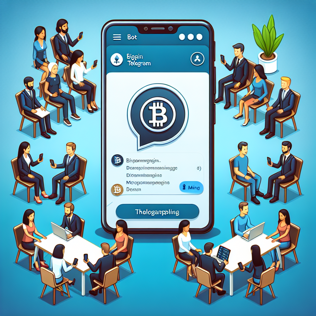 Ecranul unui smartphone cu interfata unui bot pentru mining in Telegram, inconjurat de oameni care lucreaza in birou. Toti oamenii au o infatisare europeana si discuta activ despre posibilitatile criptomonedelor.