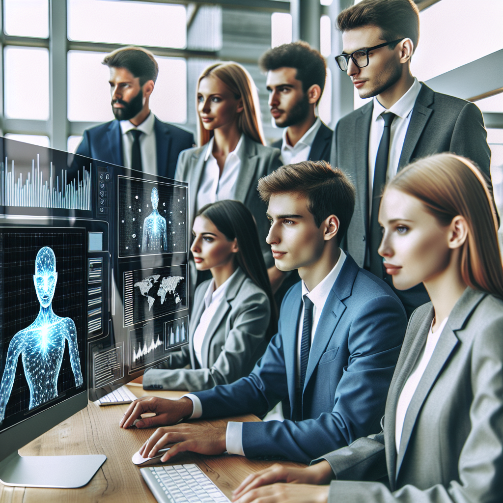 Imaginea ilustreaza o echipa de oameni de afaceri, cu aspect european, care colaboreaza cu interfete de inteligenta artificiala pe ecranele computerelor, analizand date si planificand strategii intr-un mediu de birou contemporan.