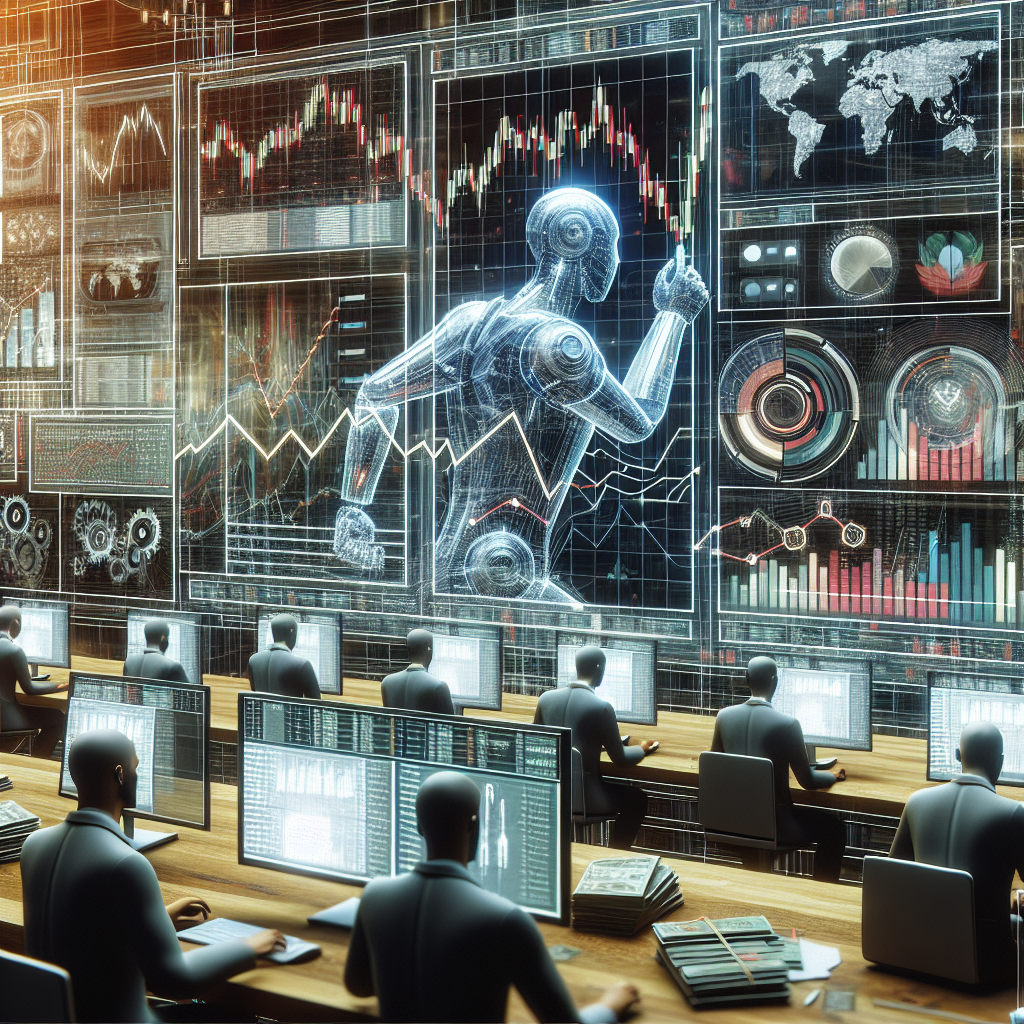 Imagine a unui Grid Bot in actiune pe pietele financiare, cu elemente de grafice si tabele, oameni lucrand la computere cu aspect european. Faceți ca o fotografie.