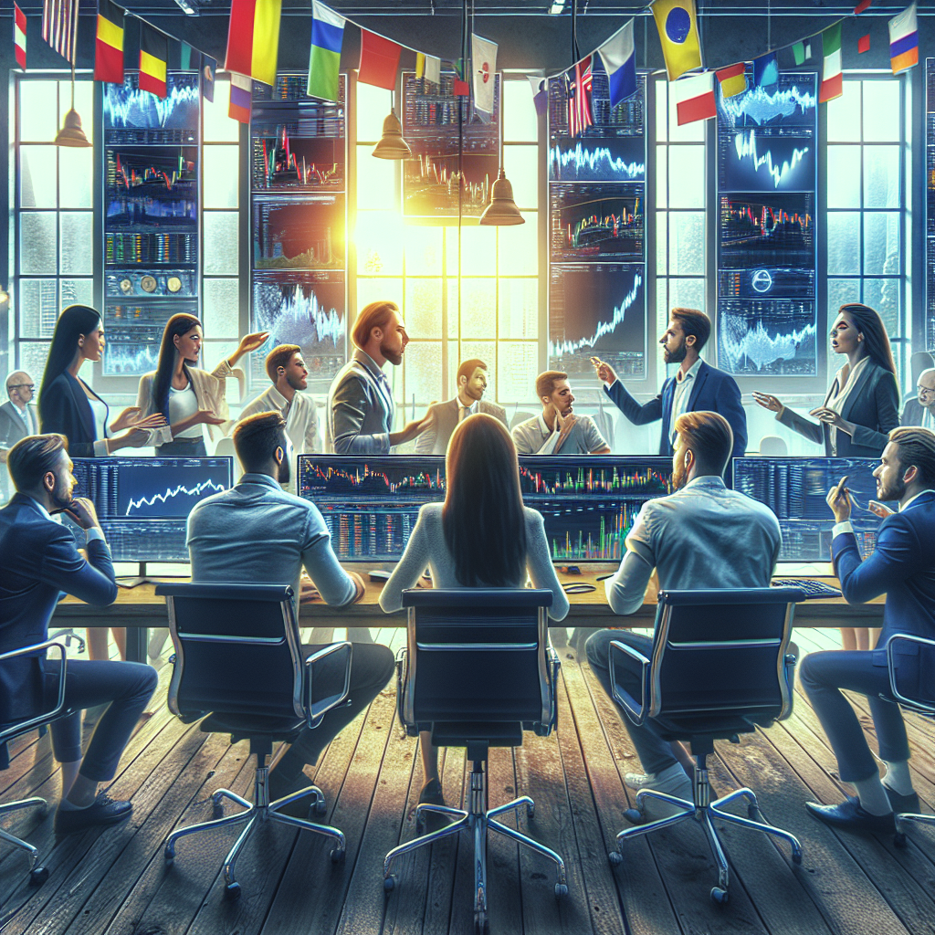 grup de traderi europeni intr-un birou, discutand despre utilizarea Telegram pentru <a href=