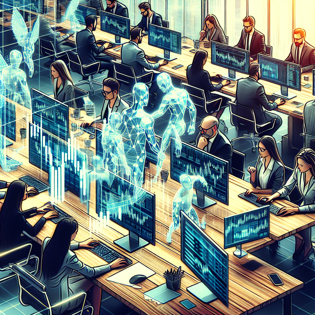 Imagine care ilustreaza procesul de lucru al Grid Bot-ului cu grafice ale profitului si pierderilor, oameni lucrand la computere cu aspect european. Faceți ca o fotografie.