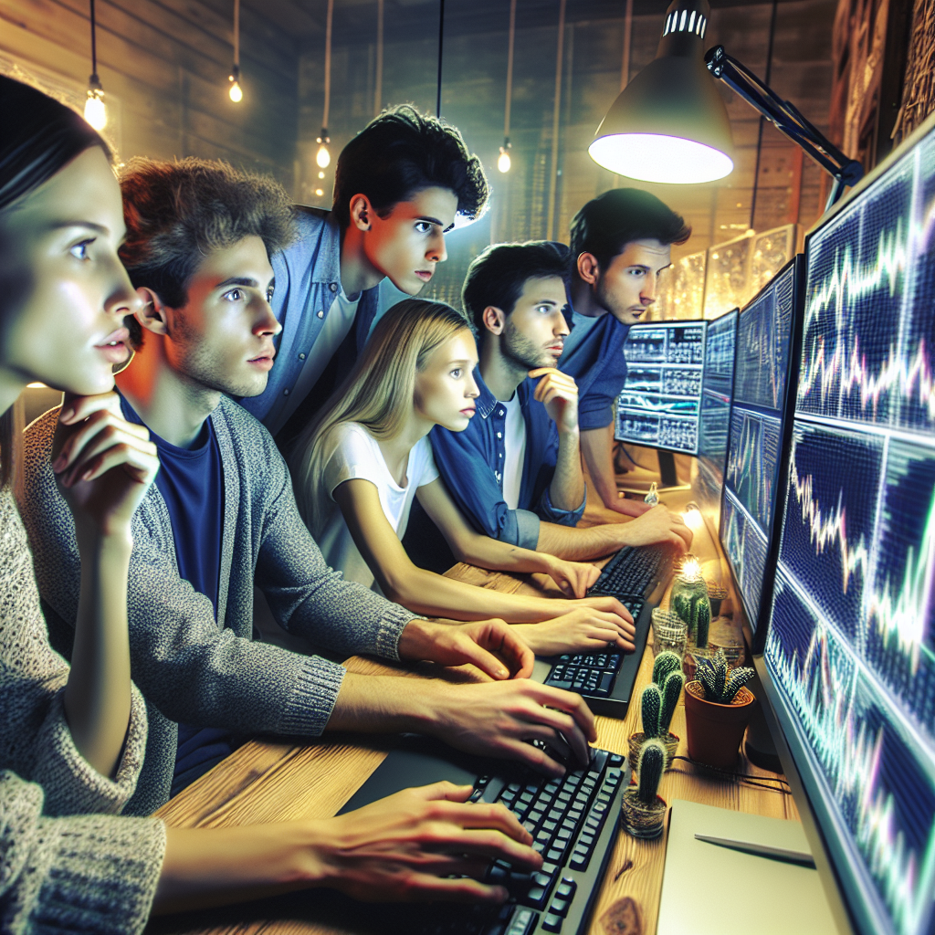 Grupa de tineri europeni analizand graficele criptomonedelor pe computere, discutand strategiile de trading cu ajutorul botilor de <a href=