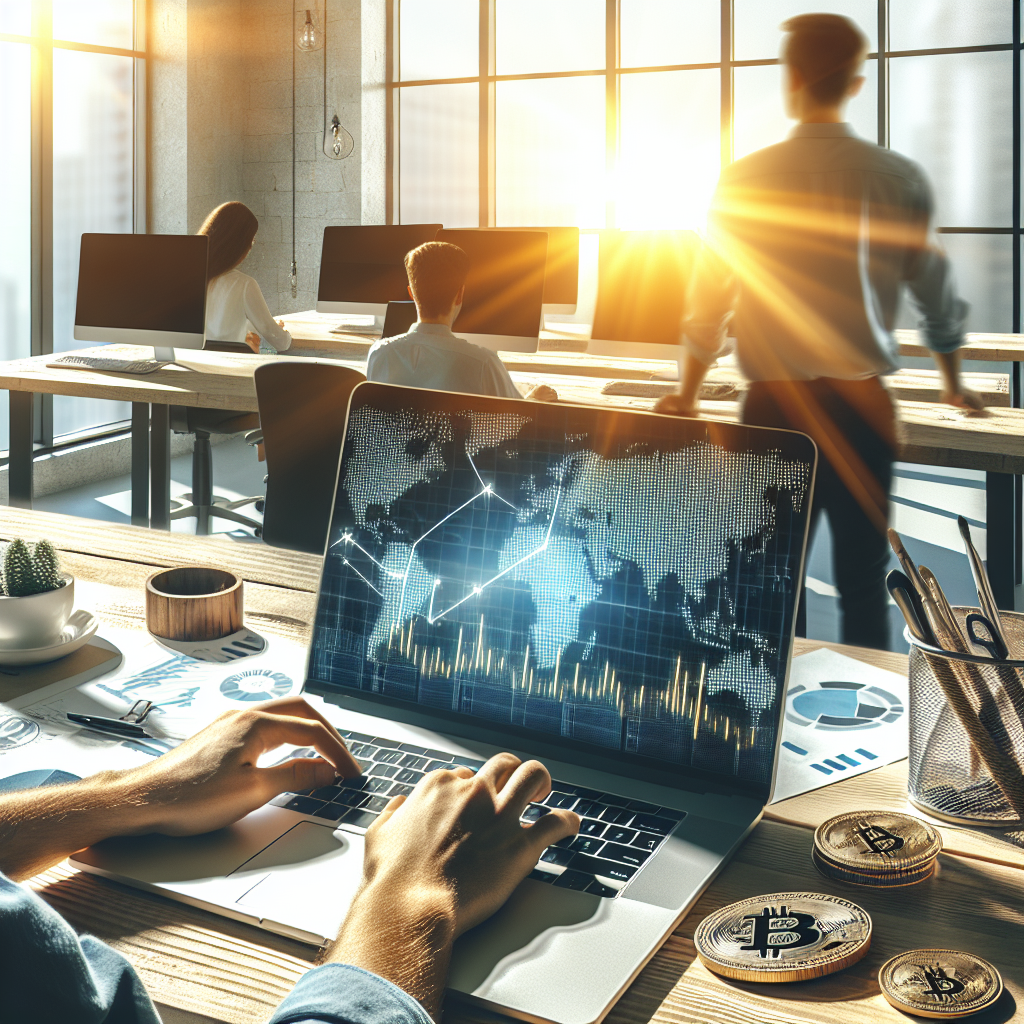 O imagine care arata oameni de tip european lucrand la computere intr-un birou modern. Pe masa se afla un laptop cu graficele criptomonedelor afisate, iluminat de lumina soarelui, creand o atmosfera confortabila de munca de succes.