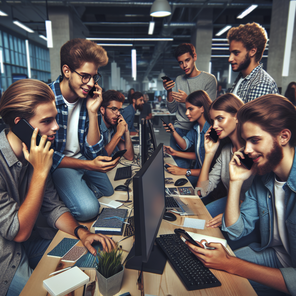Grup de tineri europeni care interacționează între ei folosind telefoane mobile, într-un birou modern cu computere și <a href=