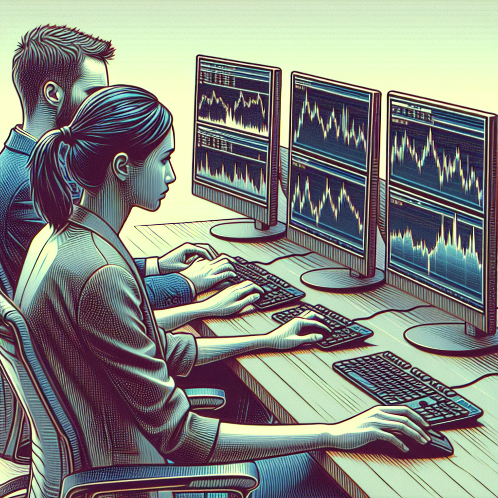 Imagine cu un barbat si o femeie, lucrand la calculatoare cu grafice si cifre pe ecran, aratand procesul de trading cu botii.