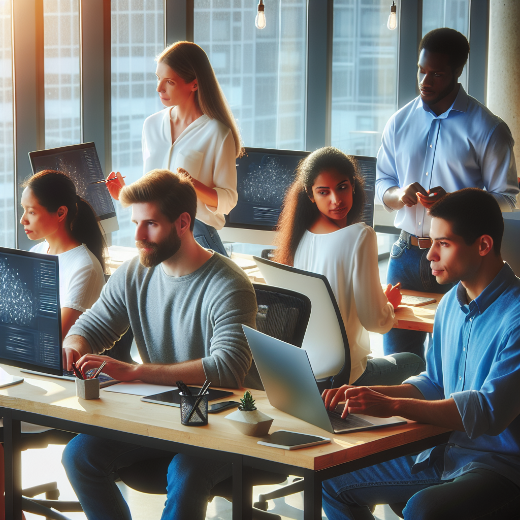 Imagine cu un grup de oameni de tip european, care lucreaza la un aplicatie descentralizata intr-un birou modern. Oamenii sunt concentrati pe calculatoare, discutand idei, cu o iluminare luminoasa si confortabila care creeaza o atmosfera de <a href=