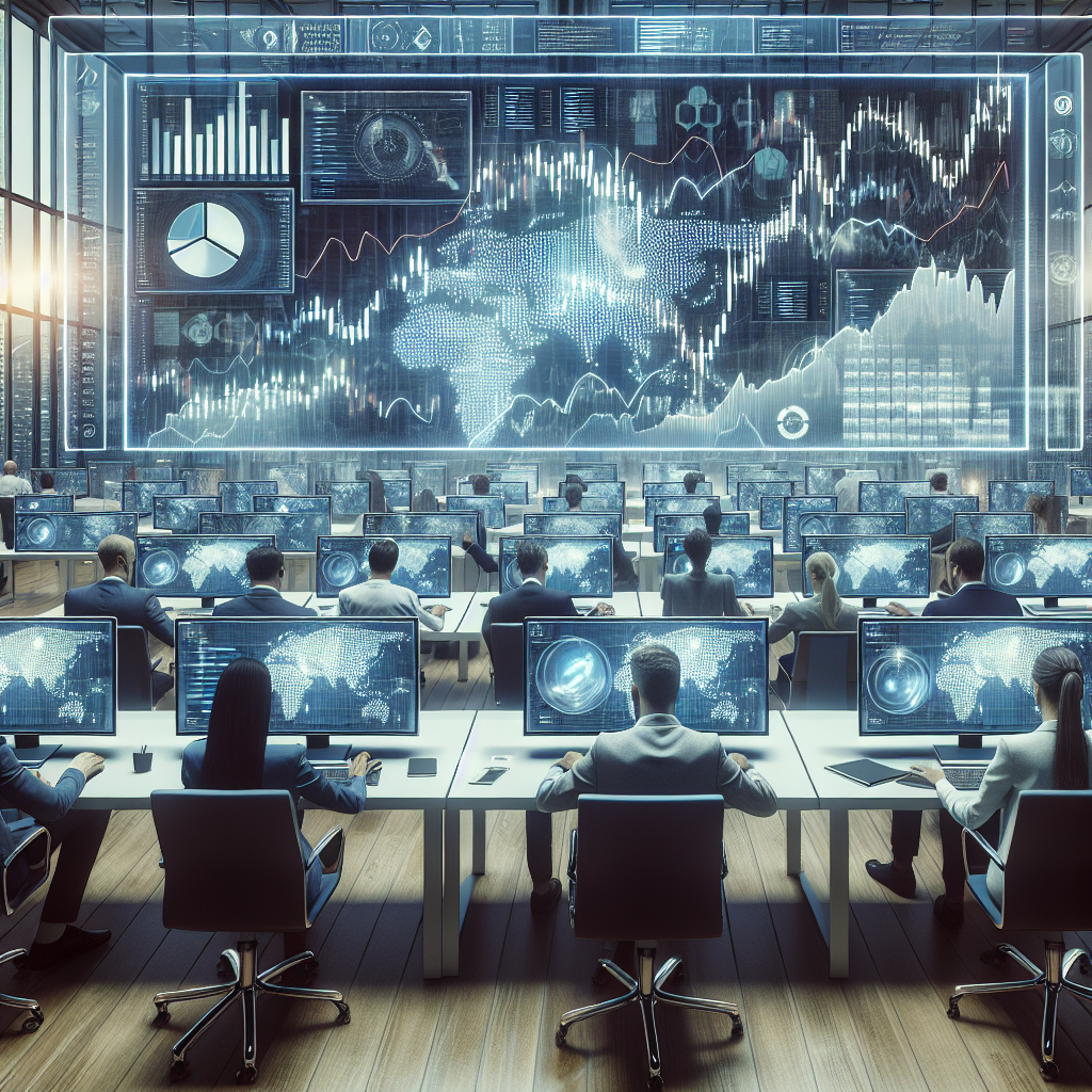 Imagine cu interfata botului de trading futures Bybit pe fundalul graficelor financiare si analizei, traderi europeni la calculatoare, atmosfera unui birou tehnologic cu elemente avansate de <a href=