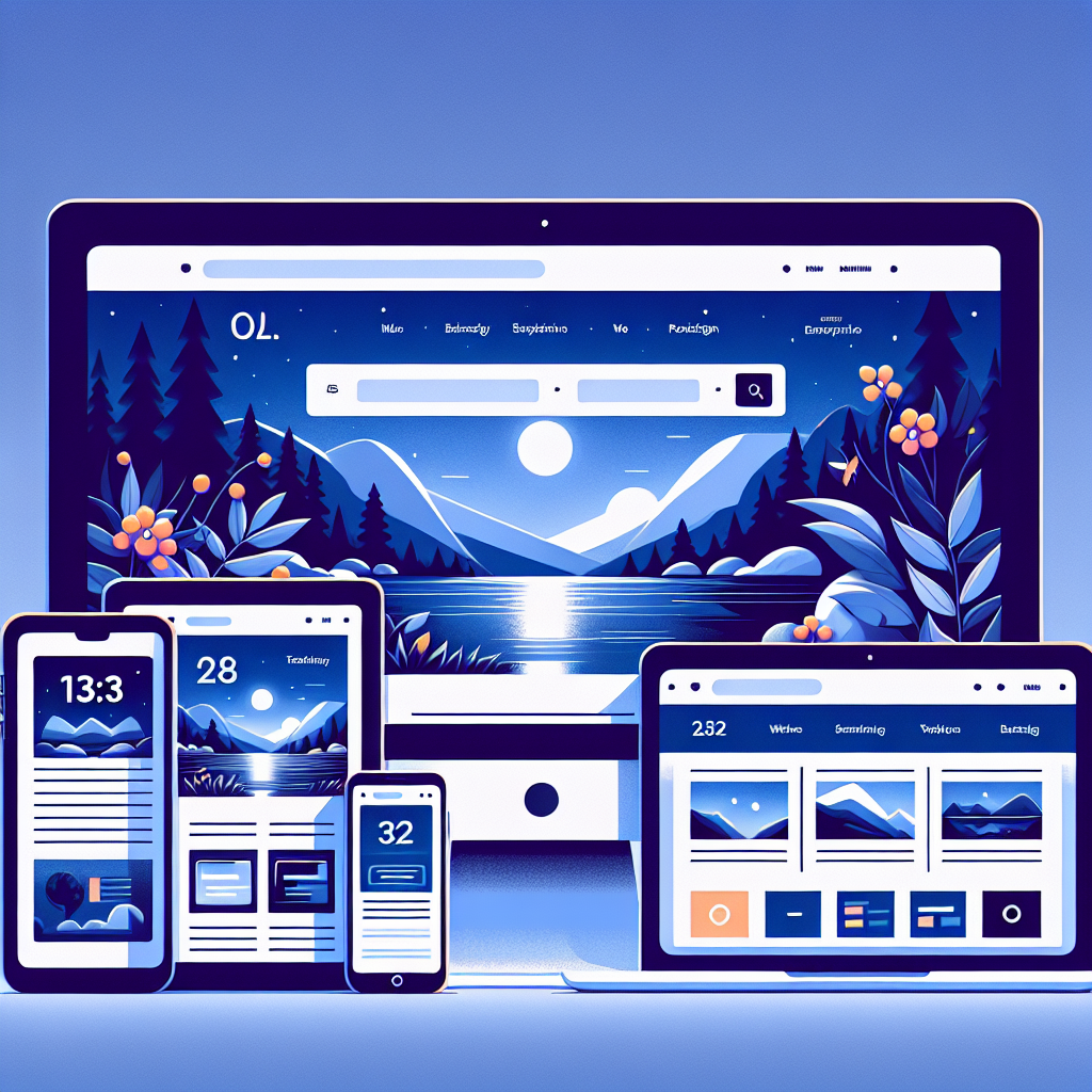Imagine care ilustreaza un site cu design adaptiv, afisat pe trei dispozitive: un smartphone, un tablet si un computer desktop. Toate dispozitivele sunt de tip european si imaginea ar trebui sa aiba aspect de fotografie.